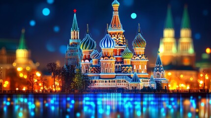 Obraz premium Saint Basil s Cathedral Illuminates Moscow s Night Skyline with Festive Sparkling Lights