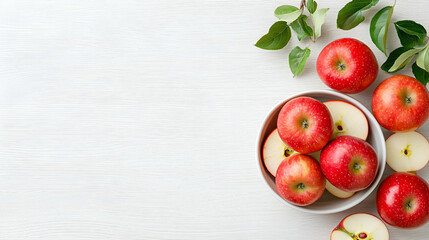 Red apples in bowl, leaves, white wood background, healthy food concept