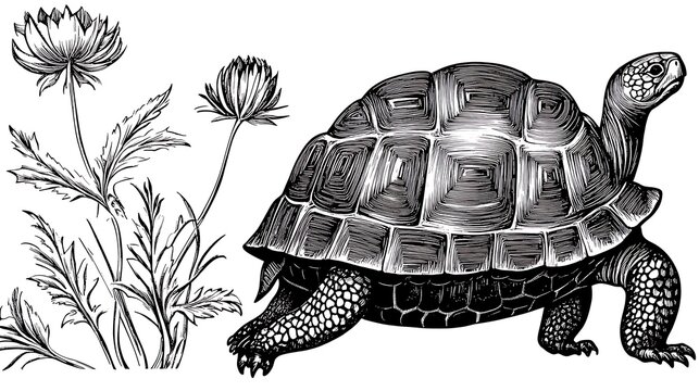 A detailed illustration of a turtle beside blooming flowers in a serene natural setting