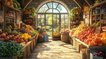 Obraz premium Vibrant Indoor Fruit and Vegetable Market with Natural Light