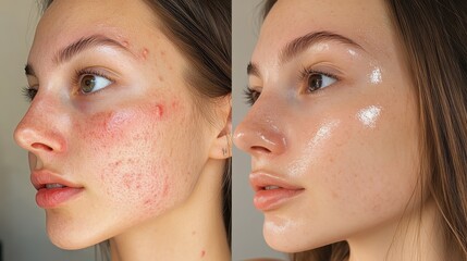 Before and After Close-Up of Young Women's Faces Post Acne Treatment Skincare Journey