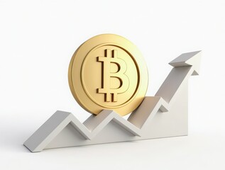 Golden Bitcoin Coins with Growing Graphs and Arrows Representing Cryptocurrency Market Growth, Financial Investment Success, Blockchain Technology, and Digital Currency Trading on White Background
