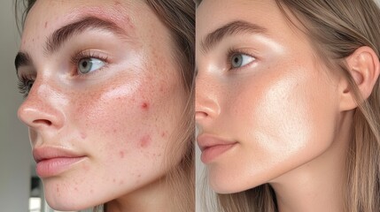 Close-Up of Young Women's Faces Before and After Acne Treatment Skin Transformation Story