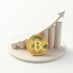 Golden Bitcoin Coins with Growing Graphs and Arrows Representing Cryptocurrency Market Growth, Financial Investment Success, Blockchain Technology, and Digital Currency Trading on White Background