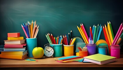 Obraz premium colorful school stationery on table on blackboard background ai generated illustration