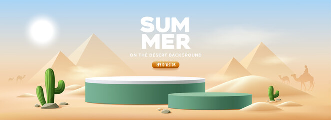 Summer green podium, cactus tree, camel, on desert pyramid sun shines banner design background, EPS 10 vector © Sarunyu_foto