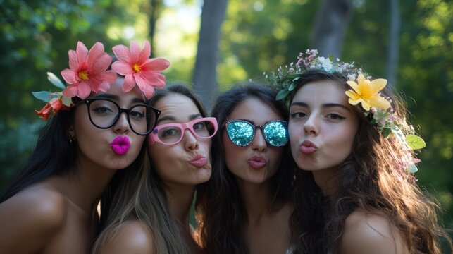 Four young women, wearing flower crowns and glasses, make kissy faces in a forest.