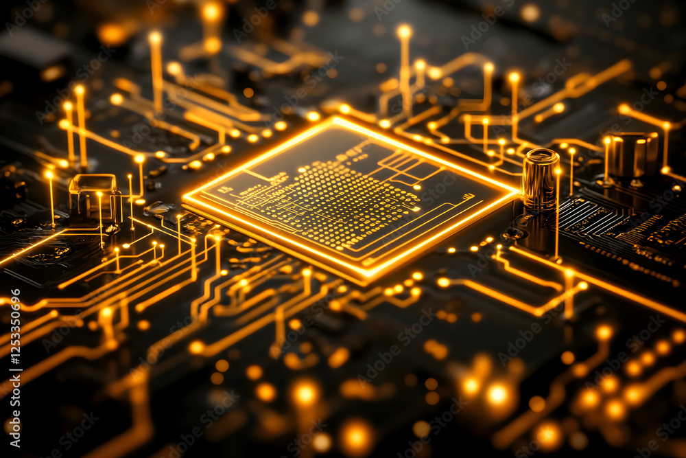 Poster close-up of a glowing microchip circuit board, showcasing intricate electronic components and connec
