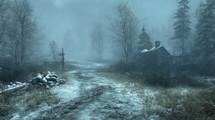 Snowy Road Leading to a Stone Cottage in a Winter Forest