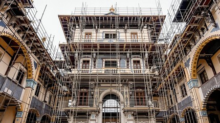 Obraz premium Construction scaffolding surrounding a historic building under renovation