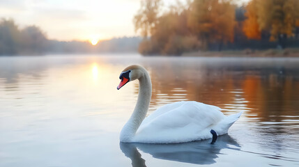 Fototapeta premium Majestic swan on calm autumn lake at sunrise, fog in background; serene nature scene