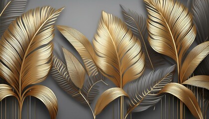gold floral plants and palm leaves wallpaper mural 3d illustration grey background abstract tropical leaves banana leaves with 3d lines ai generated illustration