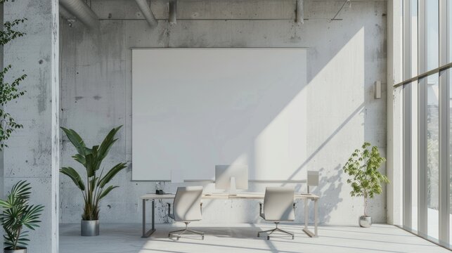 Modern office mockup, sunlit, concrete, large blank poster, workspace