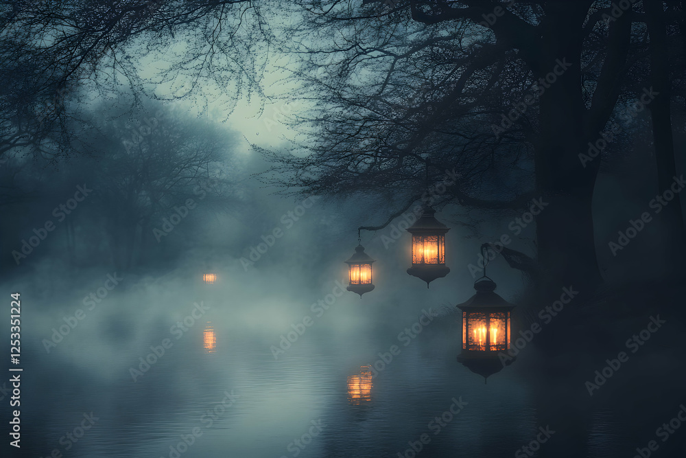 Poster enchanting foggy lake scene at night, illuminated by hanging lanterns from ancient trees, creating a
