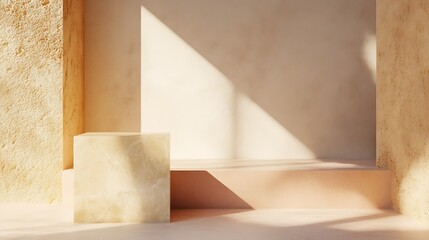 Minimalist Beige Room With Marble Cube Display