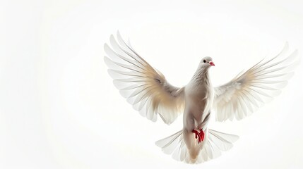 Obraz premium A beautiful white dove flies with its wings spread wide. The bird is a symbol of peace and hope.