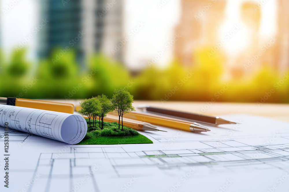 Poster architectural blueprints with landscape design elements, featuring trees and pens, create harmonious