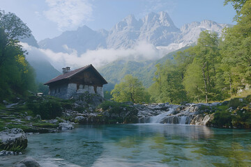 Fototapeta premium Mountain cabin by tranquil river, misty peaks