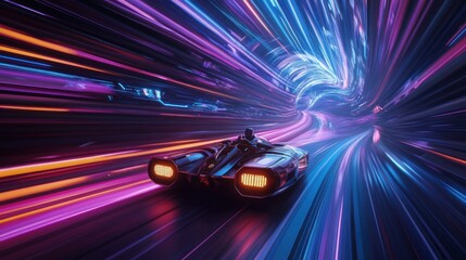 Futuristic Vehicle Speeds Through Neon Light Tunnel