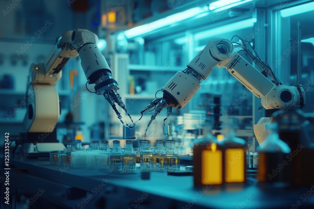 Poster laboratory with advanced robotic arms performing intricate experiments, showcasing technological adv