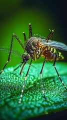 Close-Up View of a Mosquito Resting on a Green Leaf in Nature