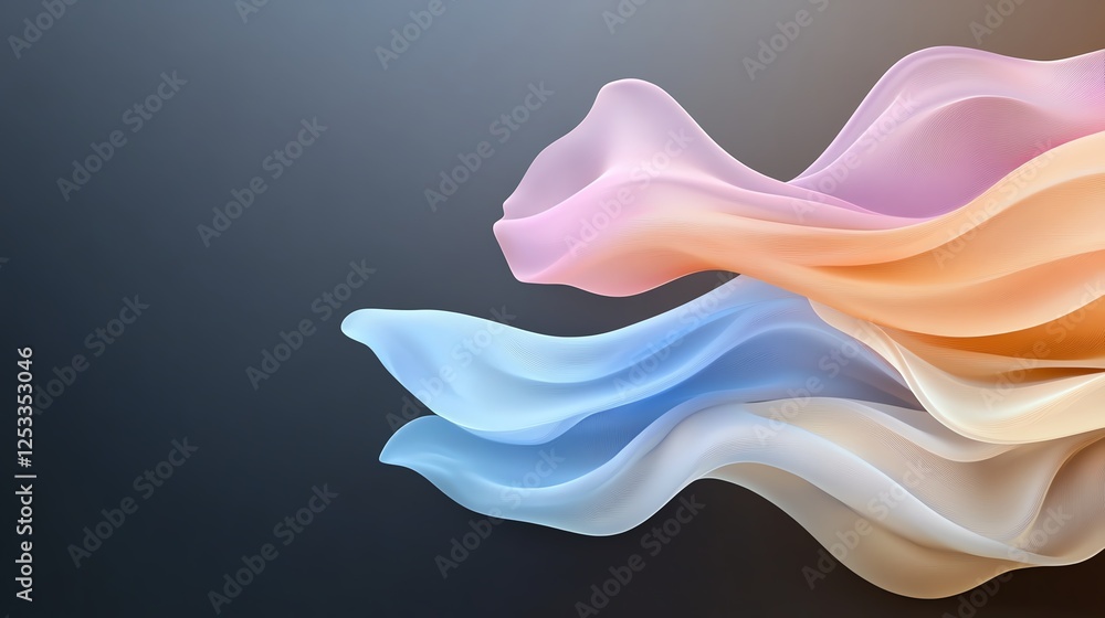 Poster flowing silk ribbons in pastel tones create a serene abstract background with dynamic motion and soo