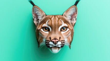 Obraz premium Lynx head through teal paper; playful animal portrait
