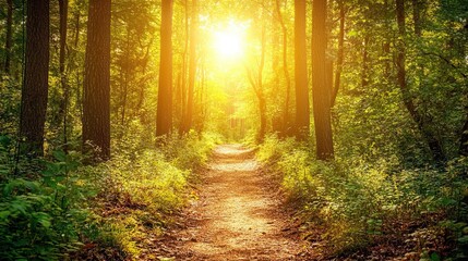 A serene nature trail through a dense forest, with sunlight streaming through the leaves and illuminating the path