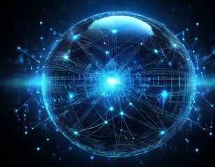 a high tech glowing blue sphere made of interconnected particles floats in darkness representing futuristic digital networks and advanced technology