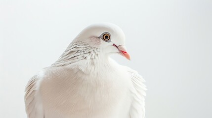 A beautiful white pigeon with a soft, gentle expression in its eyes. The pigeon is sitting on a white background, which makes it stand out.