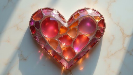 Shattered vintage perfume bottles reassembled into a heart shape on a marble surface, refracting sunlight into colorful rays.
