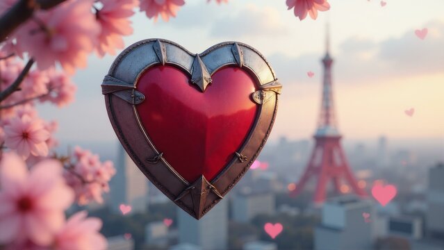 A heart-shaped shield encased in medieval armor floats above Tokyo, surrounded by blooming cherry blossoms.