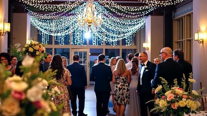 Elegant indoor gathering with beautifully arranged decorations and guests enjoying an evening celebration