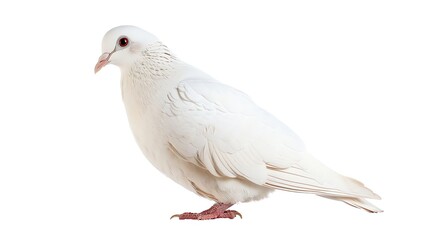 Obraz premium A beautiful white dove stands alone on a white background. The dove is facing to the left of the viewer.