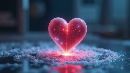 A glowing, metallic heart hovers above a frozen surface, surrounded by intricate frost designs.