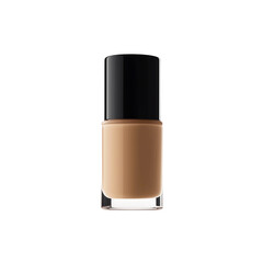 A sleek bottle of foundation with a dark cap, showcasing a rich, creamy hue ideal for enhancing skin tone.