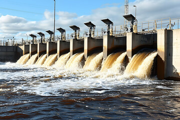River dam water flow, energy generation, industrial landscape