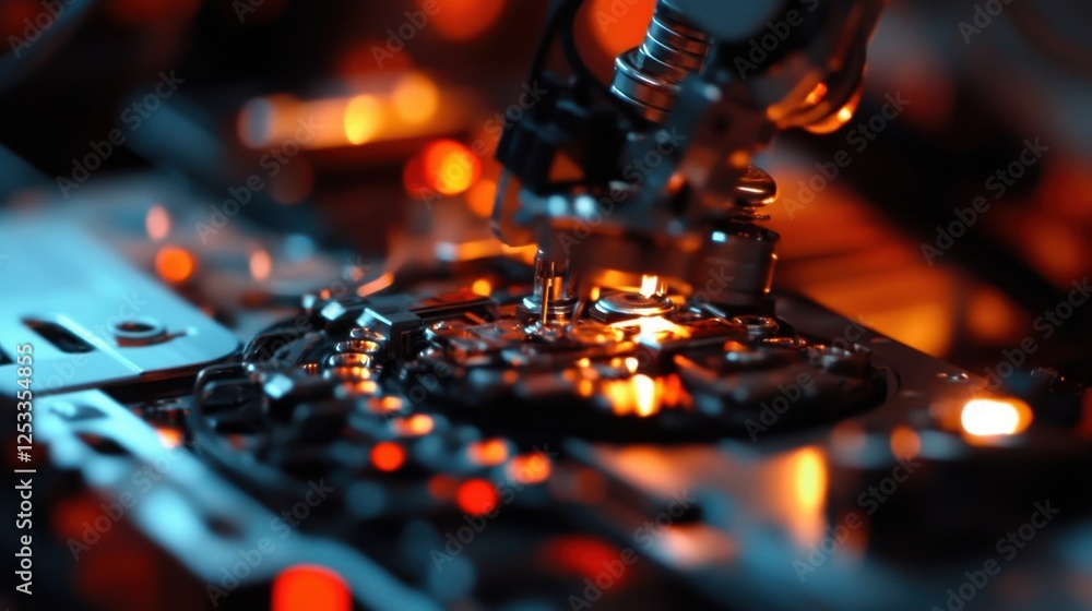 Poster close up view of intricate machinery in a high tech lab, showcasing precision engineering and cuttin