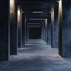 Obraz premium Concrete corridor, underground parking, dim lighting, architecture background, design concept