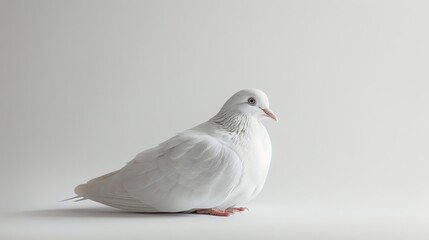 A beautiful white dove sits on a white background. The dove is a symbol of peace and love.