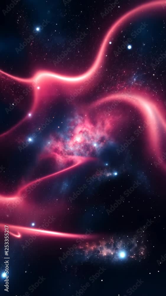 Poster a space scene with a pink and blue swirl. there are many stars in the scene. the stars are scattered