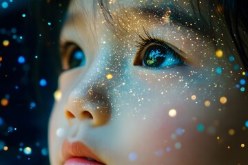 Enchanting Close-Up of a Child's Face with Sparkling Fantasy Elements