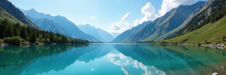Serene turquoise waters, majestic Altai mountains reflect , wild, nature, breathtaking