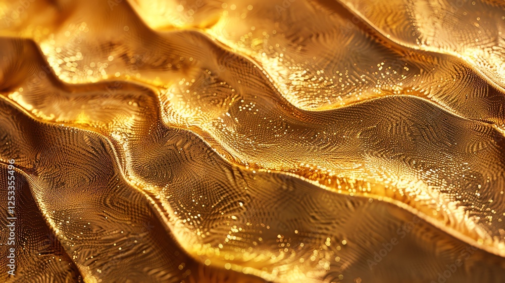 Poster golden waves the image is a close-up of a golden fabric with a wavy pattern.