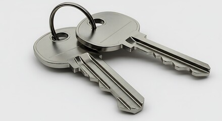 Two Metal Keys with Ring on White Background Represents Security