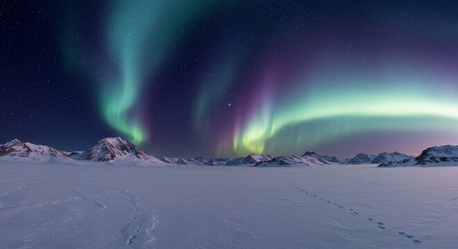 Spectacular Aurora Borealis Lights Dance Above Snowy Arctic Landscape - Powered by Adobe