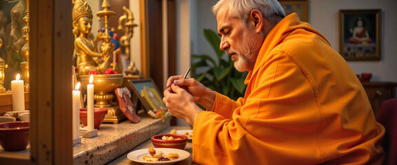 Priest performing tilak ceremony with devotion in temple, cultural ritual
