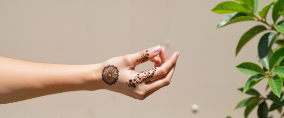 Detailed henna hand design in sunny garden, cultural expression