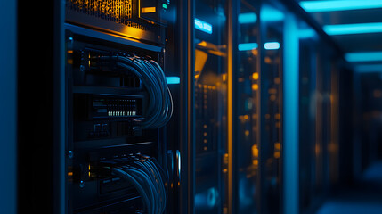 Naklejka premium Cable management in a data center, with network cables and a patch bay inside a server rack, featuring a blue light effect
