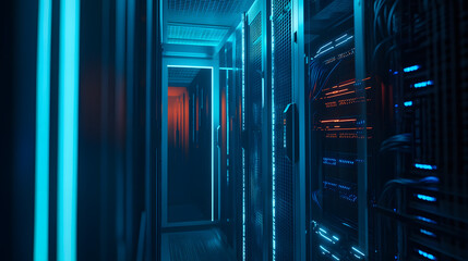 Cable management in a data center, with network cables and a patch bay inside a server rack, featuring a blue light effect